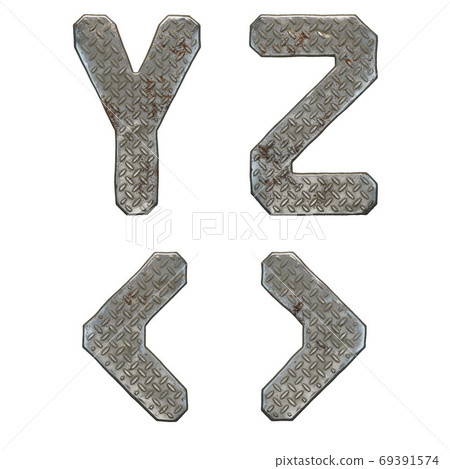 Set of capital letters Y, Z and symbol left and right angle bracket made of industrial metal isolated on white background. 3d 69391574