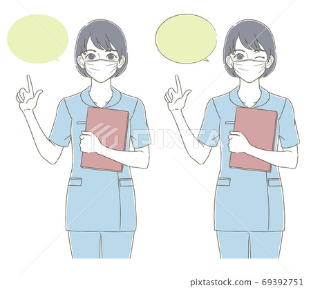 Hand-painted style illustration facial expression set of a woman wearing a uniform and wearing a mask 69392751