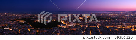 Panorama of Athens and Saronic Gulf on Lycabettus hill at dusk. Acropolis, Parthenon, Hellenic Parliament, Syntagma, Olympic stadium of Kallimarmaro. Panorama of Athens and Saronic Gulf on Lycabettus hill at dusk. Acropolis, Parthenon, Hellenic Parliament, Syntagma, Olympic stadium of Kallimarmaro. 69395129