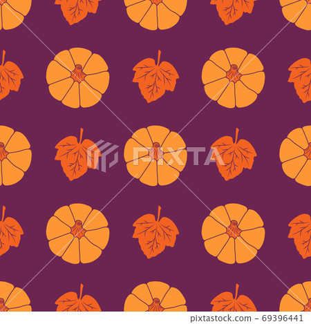 Colorful Pumpkins with leaves on a burgundy background. Seamless vector pattern. Cute autumn illustrations for holiday decorations, festive cards, banners, wrappings, prints, fabrics, modern textiles. Colorful Pumpkins with leaves on a burgundy background. Seamless vector pattern. Cute autumn illustrations for holiday decorations, festive cards, banners, wrappings, prints, fabrics, modern textiles. 69396441