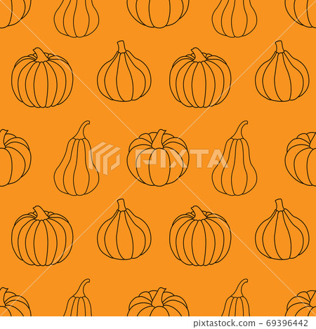 Seamless pattern with black outline pumpkins on an orange background. Vector illustration. For thematic background decoration, cards, banners, holiday designs, prints, wrappings, textiles, fabrics. Seamless pattern with black outline pumpkins on an orange background. Vector illustration. For thematic background decoration, cards, banners, holiday designs, prints, wrappings, textiles, fabrics. 69396442
