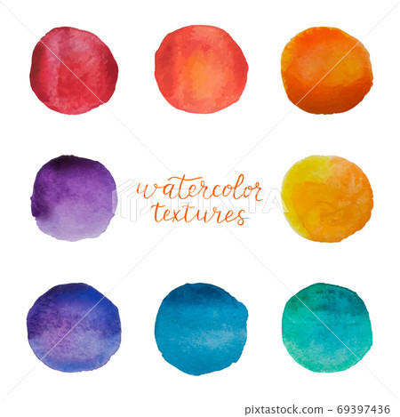 Colorful watercolor circles set. Watercolour stains on white background. Rainbow polka dots elements. Vector illustration Colorful watercolor circles set. Watercolour stains on white background. Rainbow polka dots elements. Vector illustration 69397436