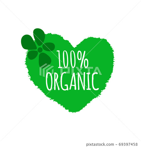 Organic food badge. Vegan menu. Heart brush shape with flower 69397458