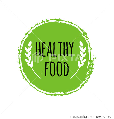 Healthy food logo. Green circle brush. Vegan badge 69397459