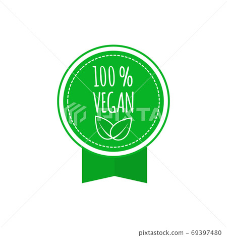 Round vegan, eco, bio green badge with leaf. Vegan menu. Vector illustration Round vegan, eco, bio green badge with leaf. Vegan menu. Vector illustration 69397480