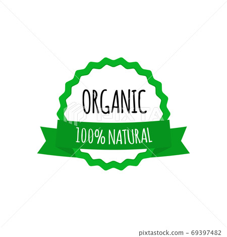 Vegan vector badge. Round eco green logo with ribbon. Tag for cafe, restaurants, packaging design Vegan vector badge. Round eco green logo with ribbon. Tag for cafe, restaurants, packaging design 69397482
