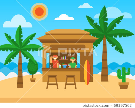 Beach bar. Exotic summer restaurant on sea coast. Beach bar with cocktails, fruit shakes, alcohol drinks. Summer party. Summer holiday and vacation. Bar and cafe business. Vector illustration 69397562