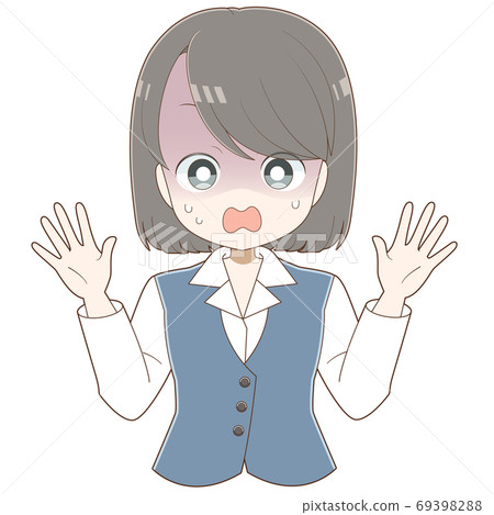 Female employee with open arms and pale (black hair Bob) Female employee with open arms and pale (black hair Bob) 69398288