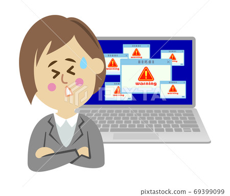 Illustration image of a female office worker who is in trouble because a computer is infected with a virus Illustration image of a female office worker who is in trouble because a computer is infected with a virus 69399099