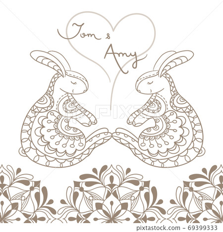 Two rabbits face to face with flower mandala. Hand drawn background. Vector illustration.Wedding card. Two rabbits face to face with flower mandala. Hand drawn background. Vector illustration.Wedding card. 69399333