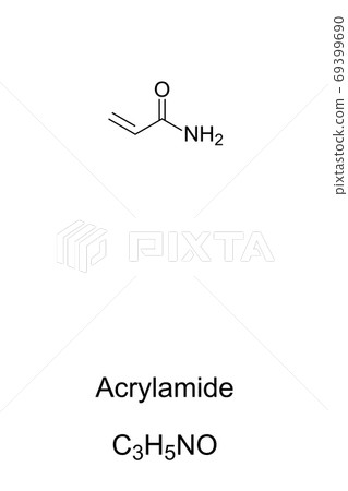 Acrylamide, acrylic amide, chemical structure. Highly toxic, and carcinogenic. Can be found in cigarette smoke in potato chips, French fries, coffee, peanuts and in some breads. Illustration. Vector. Acrylamide, acrylic amide, chemical structure. Highly toxic, and carcinogenic. Can be found in cigarette smoke in potato chips, French fries, coffee, peanuts and in some breads. Illustration. Vector. 69399690