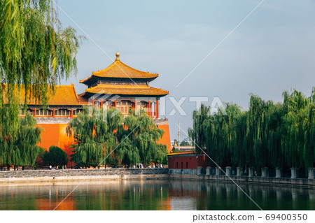 Forbidden City with green trees in Beijing, China 69400350