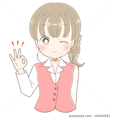 眨眼並打上好的標記的女性員工(長長的棕色頭髮) 眨眼並打上好的標記的女性員工(長長的棕色頭髮) 69400991