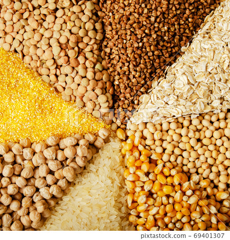 Flat lay food background made of legumes cereals and grains 69401307
