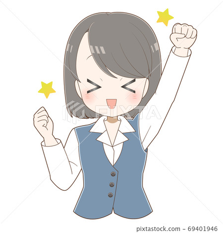 Female employee raising a fist (black-haired Bob) Female employee raising a fist (black-haired Bob) 69401946