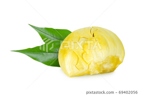 durian tropical fruit with green leaves isolated on white backgr 69402056