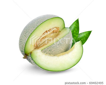 green cantaloupe or melon with green leaf isolated isolated on w 69402495