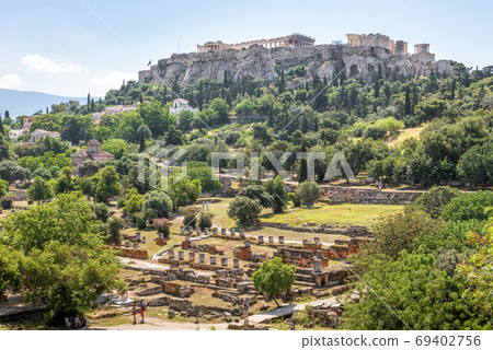 Ancient Agora in Athens, Greece. Scenic view of Greek ruins and Ancient Agora in Athens, Greece. Scenic view of Greek ruins and 69402756