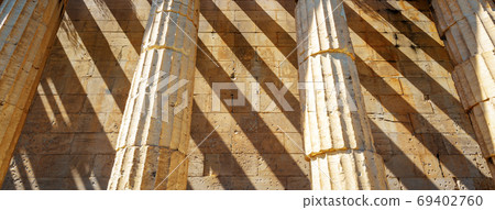 Shadow strips on stone wall of old Hephaestus Temple, Athens, Gr Shadow strips on stone wall of old Hephaestus Temple, Athens, Gr 69402760