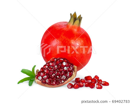 pomegranate fruits with leaf and seeds isolated on white backgro 69402783
