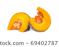 sliced two pumpkin with seeds isolated on white background 69402787