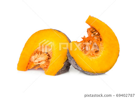 sliced two pumpkin with seeds isolated on white background sliced two pumpkin with seeds isolated on white background 69402787