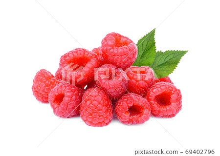 pile of fresh raspberry with leaf isolated on white background pile of fresh raspberry with leaf isolated on white background 69402796