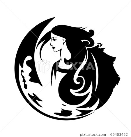 black and white vector portrait of winged angel woman and moon crescent black and white vector portrait of winged angel woman and moon crescent 69403432