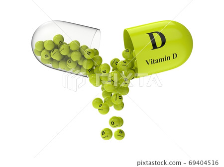 Open capsule with vitamin D from which the vitamin composition is pouring 69404516