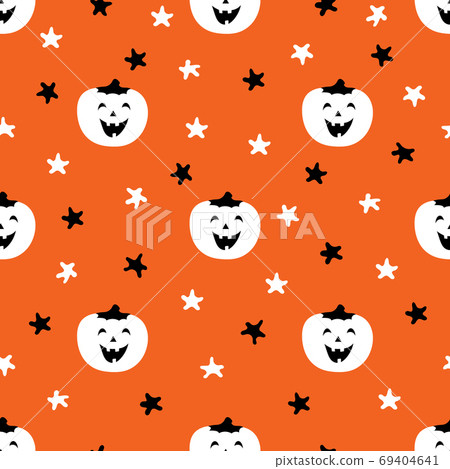 Cute colorful pattern with pumpkin and stars. Black, white, orange colors. Vector illustration for festive background, decoration cards, wallpaper, wrapping paper, prints, fabrics, textile designs. Cute colorful pattern with pumpkin and stars. Black, white, orange colors. Vector illustration for festive background, decoration cards, wallpaper, wrapping paper, prints, fabrics, textile designs. 69404641