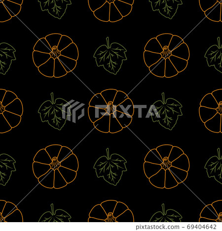 Seamless pattern with colored outlines pumpkins and leaves on a black background. Vector illustration. For creative background decoration, cards, holiday designs, prints, wrappings, textiles, fabrics. Seamless pattern with colored outlines pumpkins and leaves on a black background. Vector illustration. For creative background decoration, cards, holiday designs, prints, wrappings, textiles, fabrics. 69404642
