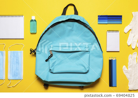 School supplies in a pandemic, flat lay. Back to school concept 69404825
