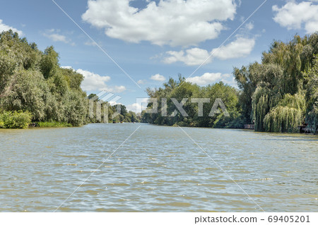 Danube biosphere reserve Ankudinovo river summer landscape. Vilkove, Ukraine. 69405201