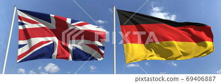 Waving flags of Great Britain and Germany on flagpoles, 3d rendering Waving flags of Great Britain and Germany on flagpoles, 3d rendering 69406887