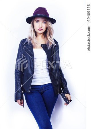 young pretty blond girl hipster in hat posing smiling happy isolated on white background, lifestyle people concept 69409558