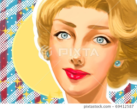 復古海報60年代的金髮美女和紅色格子背景 69412587