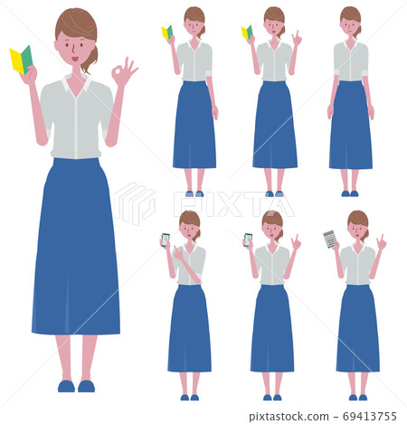 Illustration set of a woman with a beginner mark, smartphone, calculator Illustration set of a woman with a beginner mark, smartphone, calculator 69413755