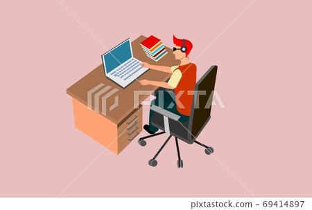 Man works at Computer table above view, distance learning and working, isometric style vector Man works at Computer table above view, distance learning and working, isometric style vector 69414897