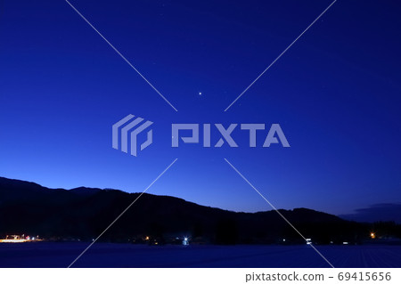 Winter dawn, starry sky, satoyama morning 69415656