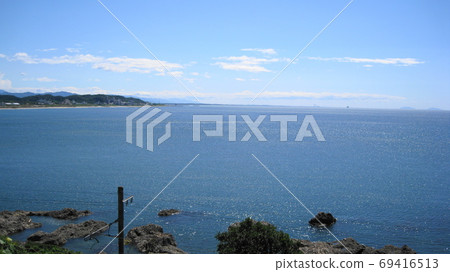The blue Sea of Japan seen from Iwagasaki, Murakami City, and the Senami hot spring town along the coast 69416513