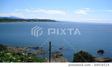 The blue Sea of Japan seen from Iwagasaki, Murakami City, and the Senami hot spring town along the coast The blue Sea of Japan seen from Iwagasaki, Murakami City, and the Senami hot spring town along the coast 69416514