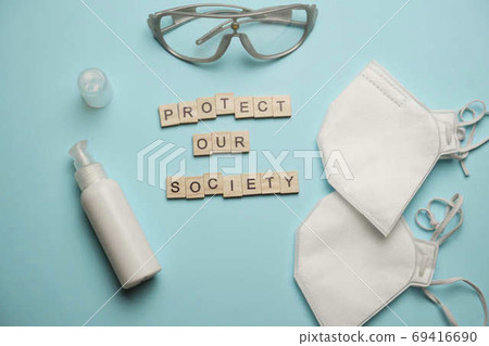 Social distancing. Protection items to reduce Covid 19 virus infection. Using as background Healthcare concept and keep distance. 69416690