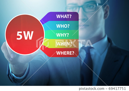 Five whys concept with businessman pressing virtual button 69417751
