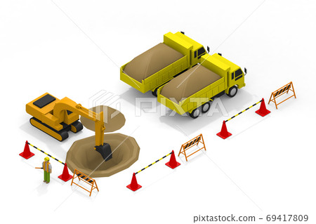 Construction site truck. Surround it with a fence. Workers who keep safety. isometric. 69417809