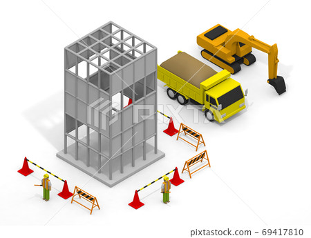 Building construction work. Work at a construction site. Trucks and heavy equipment. isometric. Building construction work. Work at a construction site. Trucks and heavy equipment. isometric. 69417810