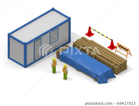 施工現場的物料存放區。在休息區休息的工人。在建築工地工作的人。等軸測圖。 69417813