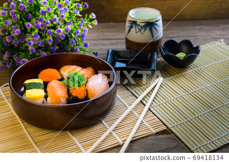 Sushi set served on wood table 69418134