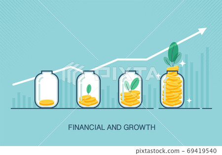 Putting gold coins into glass clear bottle in flat, suitable for Growth Business or Financial investment. cartoon design. 69419540