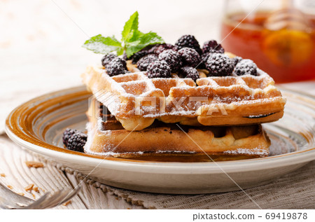 Belgian waffles served with blackerries and mint leaf dusted wit Belgian waffles served with blackerries and mint leaf dusted wit 69419878