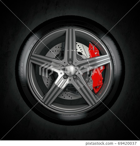 Car wheel with red breaks on black background. 69420037